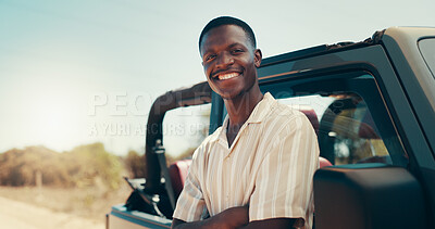 Buy stock photo Road trip, portrait and arms crossed with black man in nature for safari guide, national park and travel adventure. Smile, explore and savannah with person and care in Tanzania for Serengeti reserve