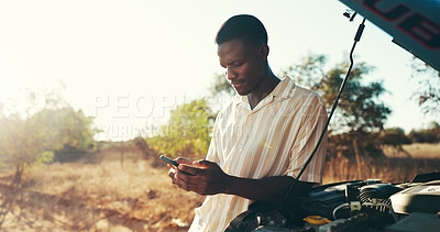 Buy stock photo Road, man and phone for car breakdown with engine fail, gas or travel disaster, battery or stress. Driver, smartphone and message for assistance, help and emergency or insurance claim or towing
