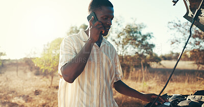 Buy stock photo Road, man and phone call for car breakdown with engine fail, gas or travel disaster, battery or stress. Driver, smartphone and conversation for assistance, help and emergency or insurance claim