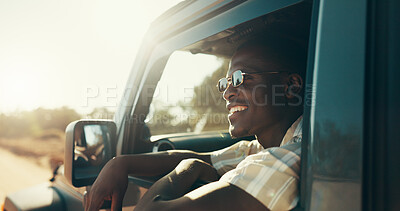 Buy stock photo Black man, road trip and smile with sunglasses by window with driving, journey and excited for safari in summer. African person, happy and face in vehicle, transport and travel at sunset in Kenya