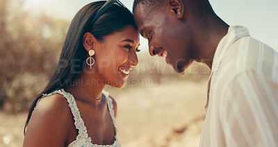 Buy stock photo Forehead, happy and couple in countryside for holiday, vacation and travel on weekend. Road trip, nature and man and woman with smile for bonding, relax and relationship on adventure together