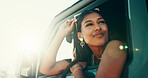 Woman, road trip and happy on travel by window for driving, journey or memory with sunglasses for safari. Person, smile and excited in vehicle, transport or reflection in summer at sunset in Colombia