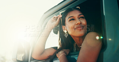 Buy stock photo Woman, road trip and happy on travel by window for driving, journey or memory with sunglasses for safari. Person, smile and excited in vehicle, transport or reflection in summer at sunset in Colombia