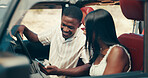 Couple, phone and road trip in car, search and check direction for location, journey and vacation. People, man and woman on smartphone, smile and map on mobile app for travel with vehicle on holiday