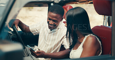 Buy stock photo Couple, phone and road trip in car, search and check direction for location, journey and vacation. People, man and woman on smartphone, smile and map on mobile app for travel with vehicle on holiday