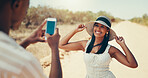 Hat, travel and picture of couple with phone for holiday memory, fashion or smile on journey. Man, woman and mobile for photograph outdoor in desert on safari adventure, trip or post on social media