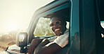 Black man, road trip and happy with sunglasses by window with driving, journey and excited for safari in summer. African person, smile and face in vehicle, transport and travel at sunset in Kenya