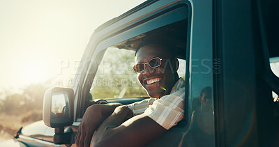 Buy stock photo Black man, road trip and happy with sunglasses by window with driving, journey and excited for safari in summer. African person, smile and face in vehicle, transport and travel at sunset in Kenya
