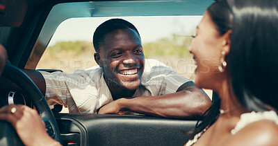 Buy stock photo Man, woman and road trip with talking by window with smile, love and laugh on holiday in summer. People, couple and happy for journey, safari and travel with vehicle for transportation on vacation