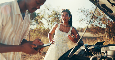 Buy stock photo Road, couple and phone for car breakdown with engine fail, gas or travel disaster, battery or stress. Man, smartphone and conversation for assistance, help and emergency or insurance claim for towing