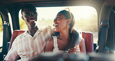 Buy stock photo Happy couple, hug and relax in car for road trip, bonding or relationship travel. Interracial people, love or excited on journey for vacation, summer holiday or countryside with laugh in conversation