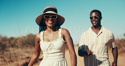 Buy stock photo Happy, couple and walking for travel of safari with love, summer holiday and romantic adventure. Smile, people and sunglasses with commitment, wilderness vacation and desert getaway to explore Africa
