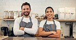 Arms crossed, portrait and smile of people in coffee shop together for hospitality or service. Friendly, small business or welcome with man and woman barista in cafe or restaurant for partnership