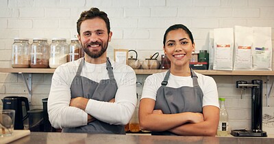 Buy stock photo Arms crossed, portrait and smile of people in coffee shop together for hospitality or service. Friendly, small business or welcome with man and woman barista in cafe or restaurant for partnership