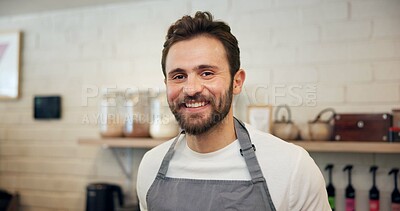 Buy stock photo Happy, waiter and portrait of man in coffee shop for espresso machine, barista and small business manager. Restaurant, cafeteria and hospitality with person in cafe for server, smile and about us