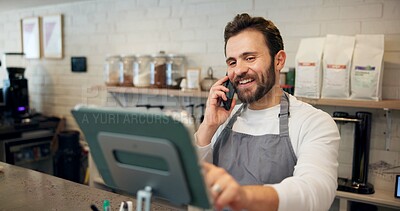 Buy stock photo Man, waiter and tablet with phone call at cafe for online order, customer reviews and confirm takeaway. Person, talking and digital with inventory, stock check and menu update for ecommerce payment