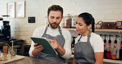 Buy stock photo Man, waitress and meeting on tablet at cafe of menu update, online orders and inventory management. People, digital and website reviews, stock information and checklist advice of hospitality industry