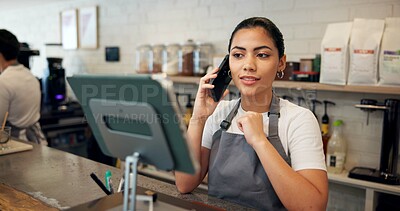 Buy stock photo Happy woman, barista and tablet with phone call at cafe counter for small business or online order. Female person, bistro or employee with smile on mobile smartphone for reservation at coffee shop