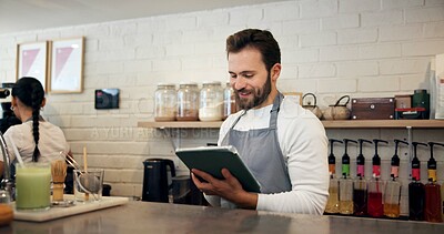 Buy stock photo Smile, man and waiter on tablet at cafe for menu planning, online orders and inventory management. Male person, digital and website reviews, review stock and checklist update of hospitality industry