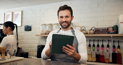 Buy stock photo Portrait, man and waiter on tablet at cafe for menu planning, online orders and inventory management. Person, digital and website reviews, review stock and checklist update for hospitality industry