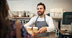 Coffee order, barista and customer with service, takeaway and friendly with delivery. People, man and woman in cafe, cappuccino or conversation with smile, waiter and startup with sales in restaurant
