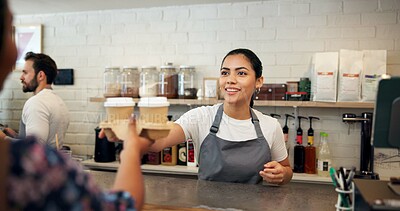 Buy stock photo Cafe, barista and woman with coffee, sale and smile for customer service, hospitality and server in store. Small business, waitress and person with latte for consumer, happy and checkout for takeaway