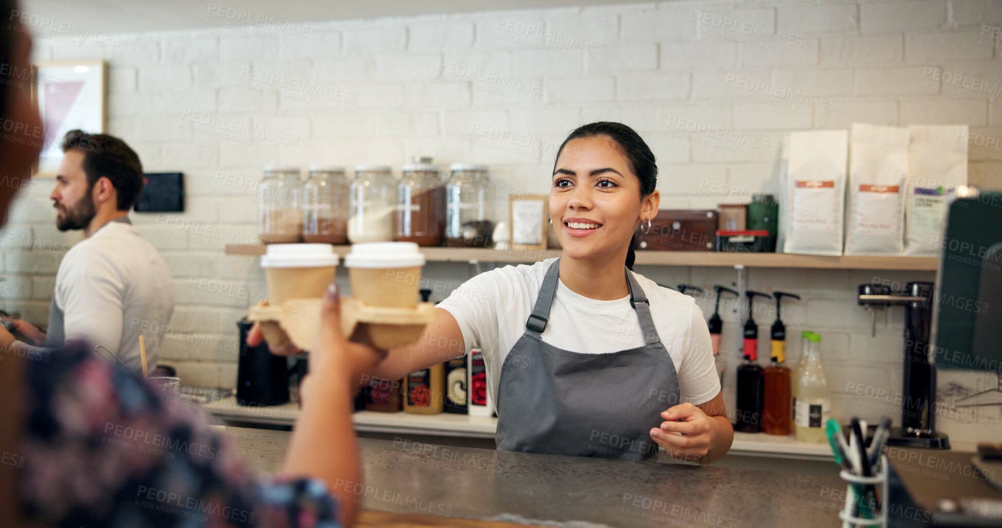 Buy stock photo Cafe, barista and woman with coffee, sale and smile for customer service, hospitality and server in store. Small business, waitress and person with latte for consumer, happy and checkout for takeaway
