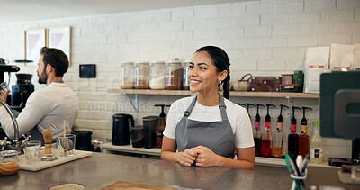 Buy stock photo Happy woman, barista or cafe with counter for small business, order or customer service. Female person, bistro or friendly employee with smile for hospitality, welcome or serving table at coffee shop