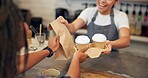Coffee order, barista and customer with hands, takeaway and friendly service with sale. People, closeup and woman in cafe, cappuccino or conversation with smile, waiter and startup with restaurant