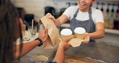 Buy stock photo Coffee order, barista and customer with hands, takeaway and friendly service with sale. People, closeup and woman in cafe, cappuccino or conversation with smile, waiter and startup with restaurant