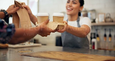 Buy stock photo Happy woman, barista or customer with serving at cafe counter for parcel, drinks or purchase. Female person, bistro or smile with package or beverages for hospitality, order or service at coffee shop