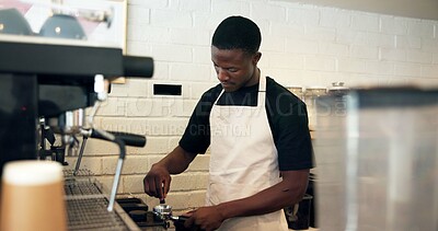 Buy stock photo Barista, machine and man with grind tool in cafe for coffee preparation, premium caffeine blend and brewing process. Restaurant, black person and espresso drink order for customer service and latte