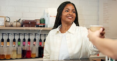 Buy stock photo Cafe, barista and woman with coffee, customer and smile for sale in store, hospitality or morning. Shop, waitress and person with latte for consumer, happy and checkout for takeaway or small business