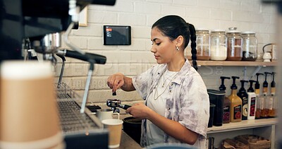 Buy stock photo Barista, machine or woman with grind tool in cafe for coffee preparation, premium caffeine blend or brewing process. Hospitality industry, server or espresso drink order for customer service or latte