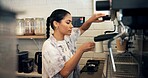Barista, coffee machine and woman with preparation in cafe for latte order, espresso drink and brewing process. Hospitality industry, server and mug for hot beverage, mocha blend and customer service