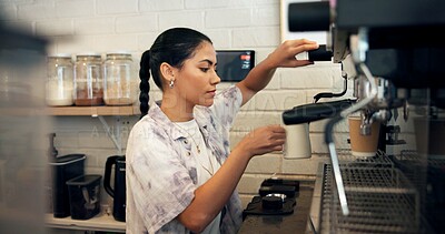 Buy stock photo Barista, coffee machine and woman with preparation in cafe for latte order, espresso drink and brewing process. Hospitality industry, server and mug for hot beverage, mocha blend and customer service