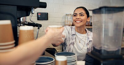 Buy stock photo Cafe, barista and woman with coffee, giving and smile for customer service, hospitality or server in store. Small business, waitress and person with latte for consumer, happy or checkout for takeaway