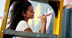 Painting, mural and woman by wall with ladder for art design, creative project and community service. Artist, city and person with paintbrush outdoor for flower decor, inspiration and DIY hobby