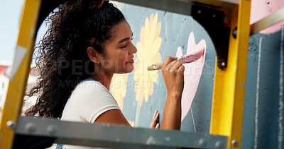 Buy stock photo Painting, mural and woman by wall with ladder for art design, creative project and community service. Artist, city and person with paintbrush outdoor for flower decor, inspiration and DIY hobby