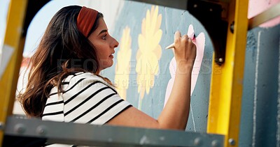 Buy stock photo Painting, mural and woman with wall for art design, creative project and community service. Artist, volunteer and person with paintbrush outdoor for flower decor, inspiration and DIY hobby in city