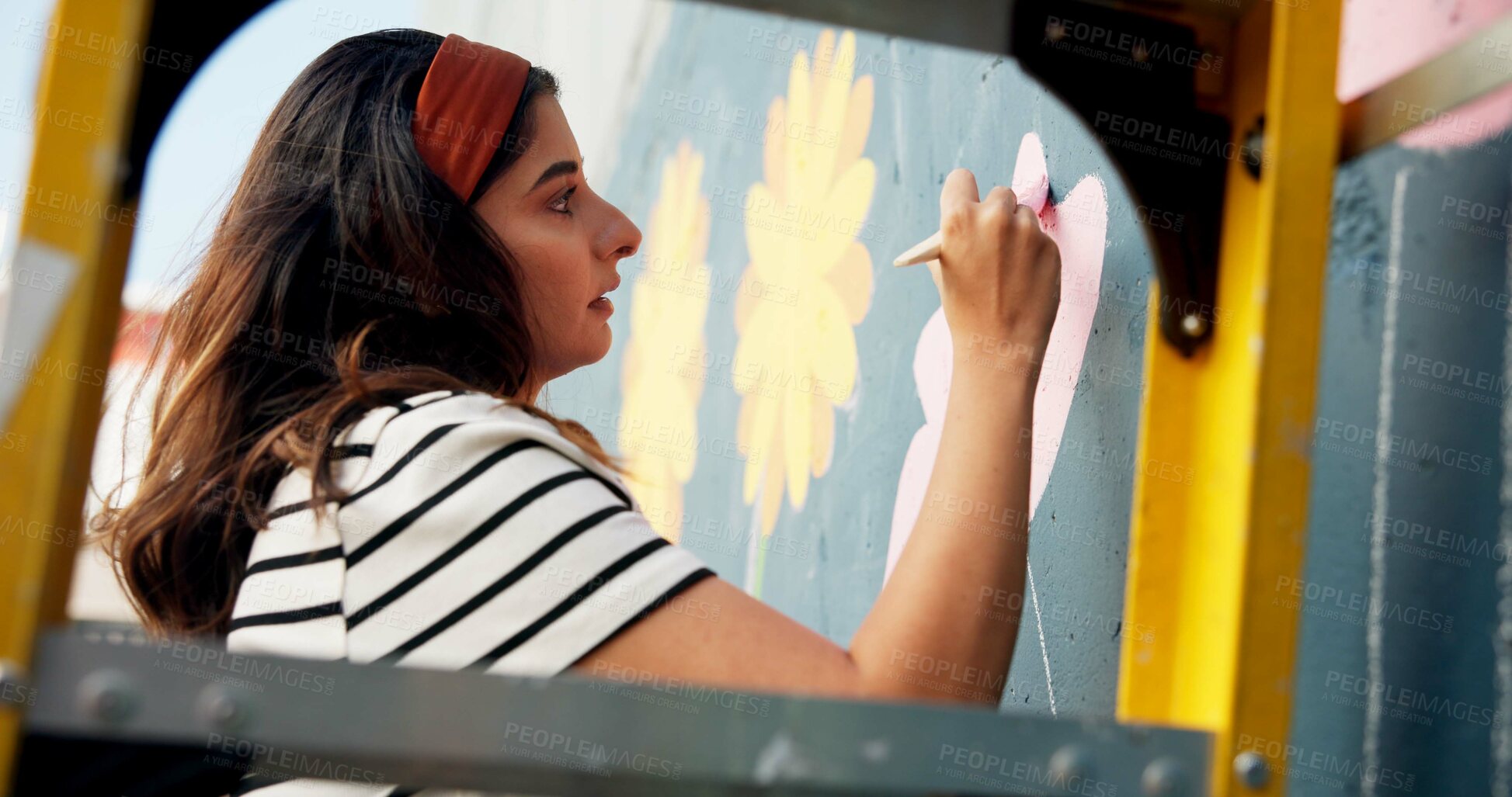 Buy stock photo Painting, mural and woman with wall for art design, creative project and community service. Artist, volunteer and person with paintbrush outdoor for flower decor, inspiration and DIY hobby in city