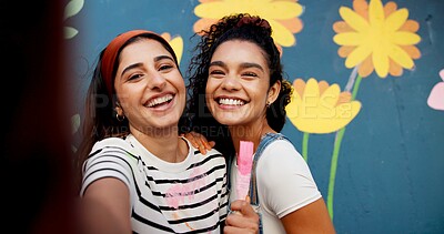 Buy stock photo Selfie, painting and wall with portrait of friends for flower mural, earth day promotion or smile. Urban project, environment activist and photography with women as eco friendly painter and team