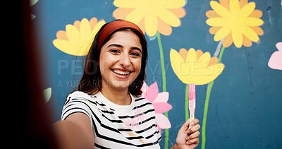 Buy stock photo Outdoor, portrait and selfie for woman, mural and proud of decoration for wall art, smile and painter. Creative, photography and person with brush for painting, social media and artist in Canada