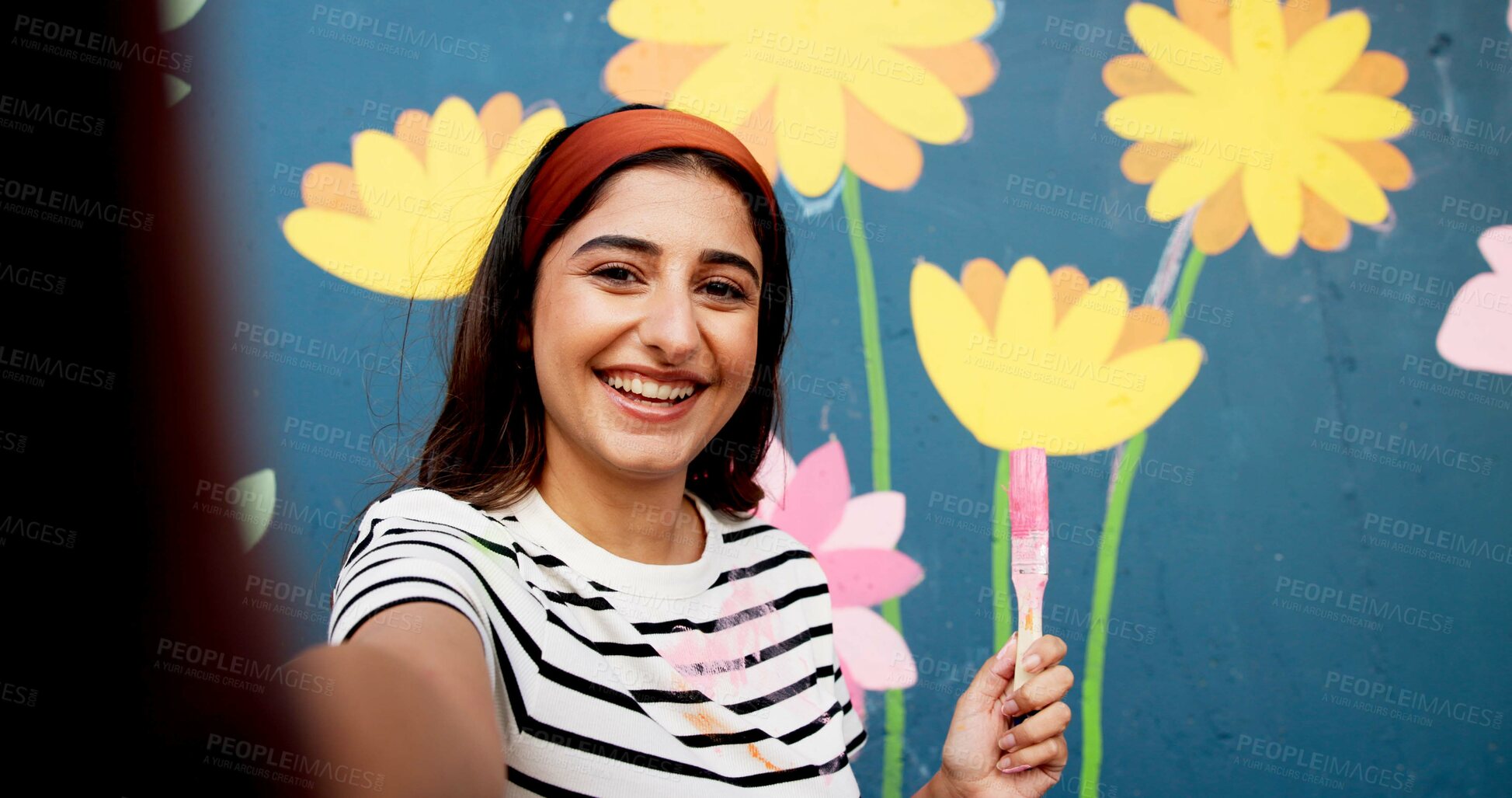 Buy stock photo Outdoor, portrait and selfie for woman, mural and proud of decoration for wall art, smile and painter. Creative, photography and person with brush for painting, social media and artist in Canada