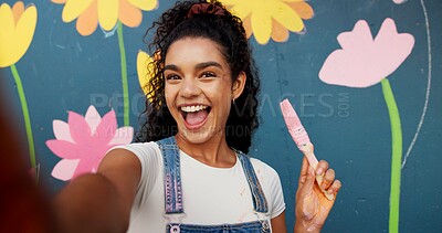 Buy stock photo Selfie, painting and brush with woman and wall for flower mural, earth day promotion and eco artist. Sustainability awareness, environment activist and photography POV with portrait of person in city