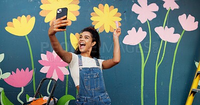Buy stock photo Selfie, painting and artist with woman and wall for flower mural, earth day promotion and city. Sustainability awareness, environment activist and photography with person and biodegradable supplies