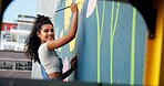 Painting, portrait and woman with wall mural for art design, creative project and community service. Artist, happy and person with paintbrush for flower decor, inspiration and DIY hobby in city