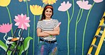 Mural, portrait and woman with arms crossed, painting and proud of decoration for wall art or outdoor. Creative, painter and confidence for design in neighbourhood, happy and community project in USA