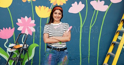 Buy stock photo Mural, portrait and woman with arms crossed, painting and proud of decoration for wall art or outdoor. Creative, painter and confidence for design in neighbourhood, happy and community project in USA