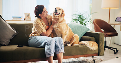 Buy stock photo Woman, golden retriever and play on sofa in home, smile and bonding in morning for love in living room. Excited girl, dog mom and pet animal with embrace, touch and loyalty with stroke at apartment